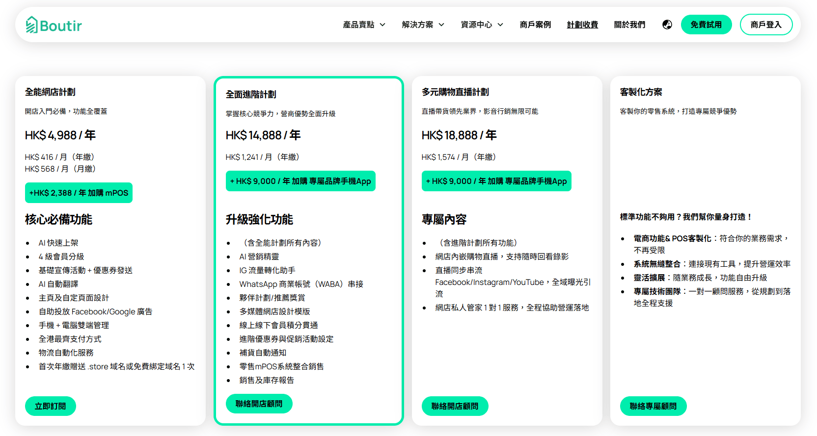 boutir掌舖-收費比較-網店系統收費